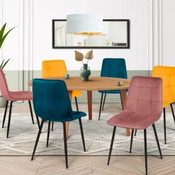 IDMarket Lot de 6 chaises en velours mix color bleu x2, jaune ocre x2, rose x2* Collection Vintage|Collection Moderne