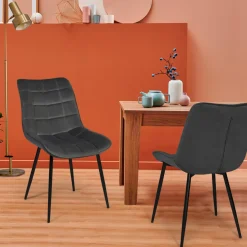 IDMarket Lot de 4 chaises en velours gris matelassé* Collection Vintage|Collection Moderne