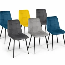 IDMarket Lot de 6 chaises en velours bleu x2, jaune, gris clair et gris foncé x2 matelassé* Collection Vintage|Collection Moderne