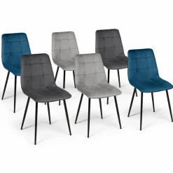 IDMarket Lot de 6 chaises en velours mix color bleu et gris matelassées* Collection Vintage|Collection Moderne