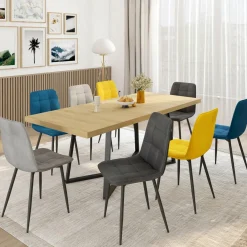 IDMarket Lot de 8 chaises modernes en velours mix color bleu x2, gris foncé x2, gris clair x2, jaune x2 pieds métal noir* Collection Vintage|Chaises