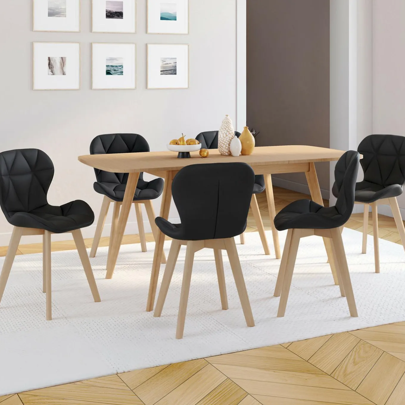 IDMarket Lot de 6 chaises modernes en PU noir pieds en bois pour salle à manger* Collection Scandinave|Chaises