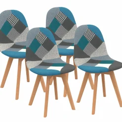 IDMarket Lot de 4 chaises scandinaves patchworks bleus et gris* Collection Scandinave|Salle À Manger Complète