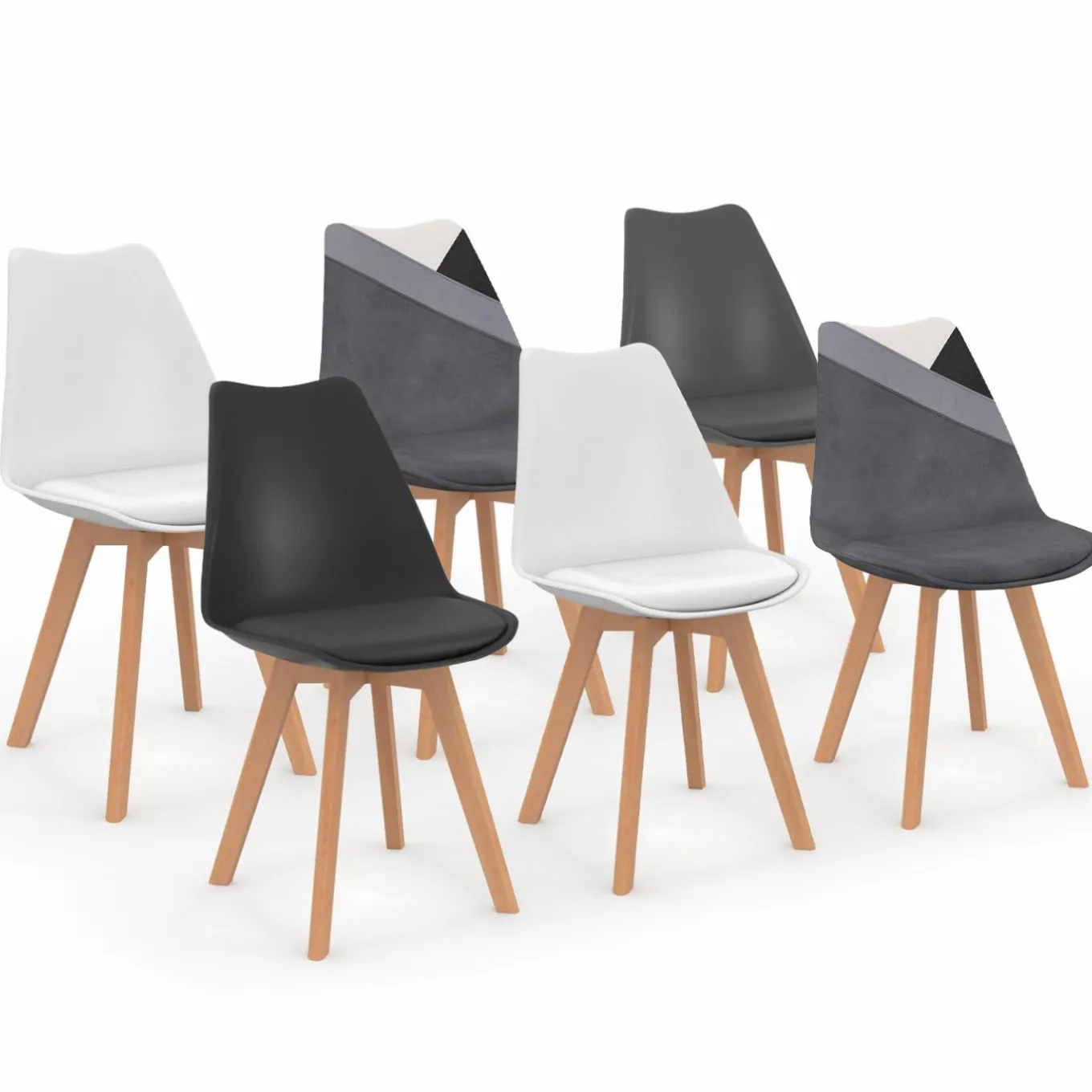 IDMarket Lot de 6 chaises scandinaves mix color gris foncé, blanc, noir et velours patchworks* Collection Scandinave|Tables Et Chaises