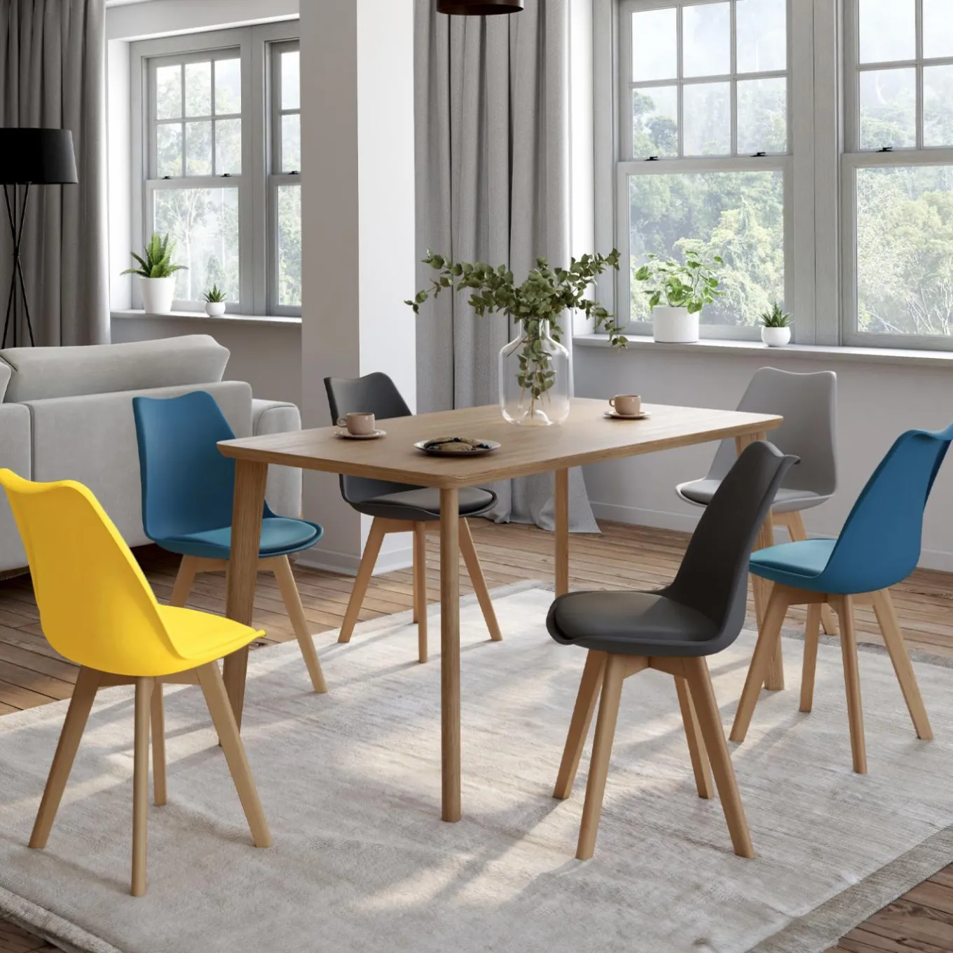 IDMarket Lot de 6 chaises scandinaves mix color bleues, grises et jaunes* Collection Scandinave|Chaises