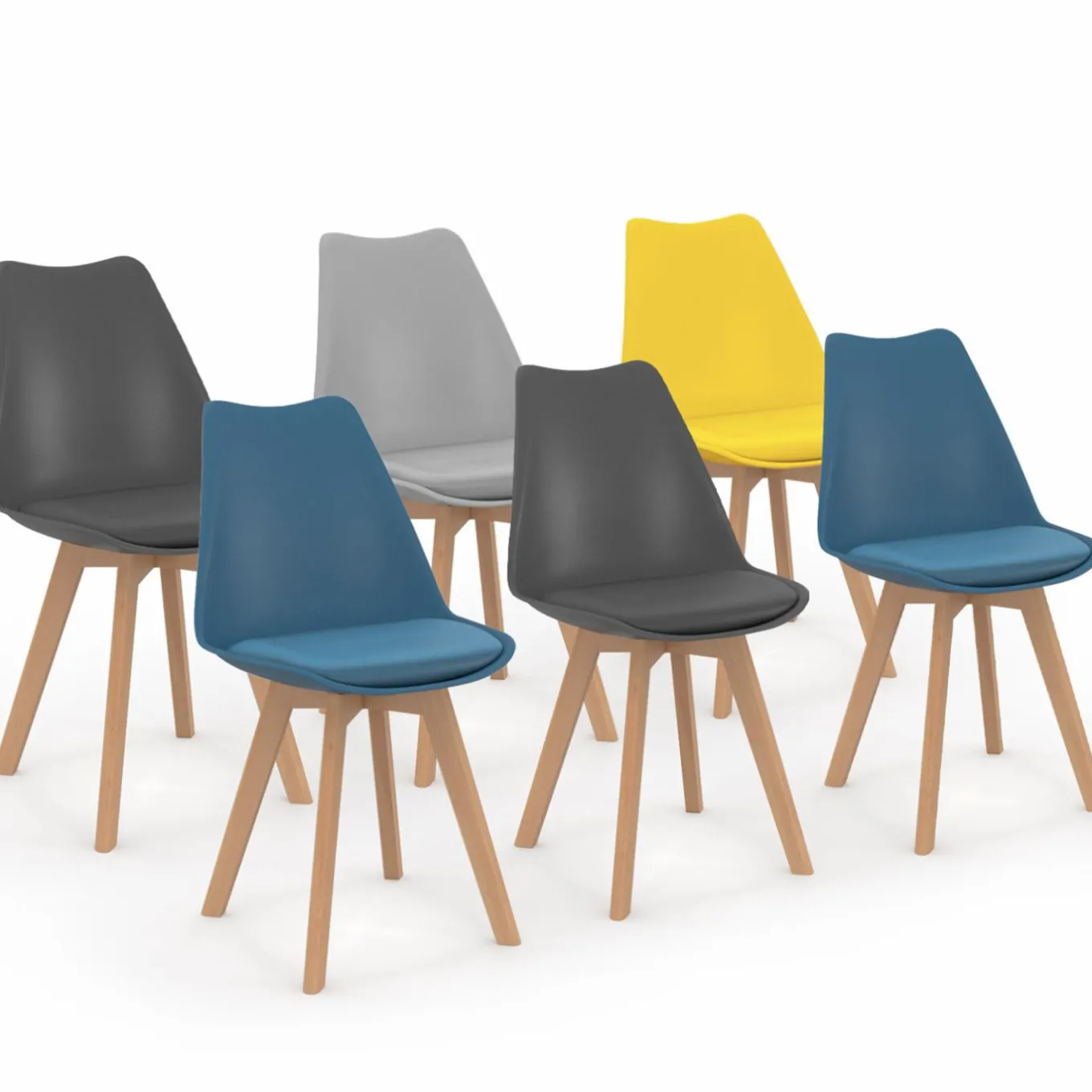 IDMarket Lot de 6 chaises scandinaves mix color bleues, grises et jaunes* Collection Scandinave|Chaises