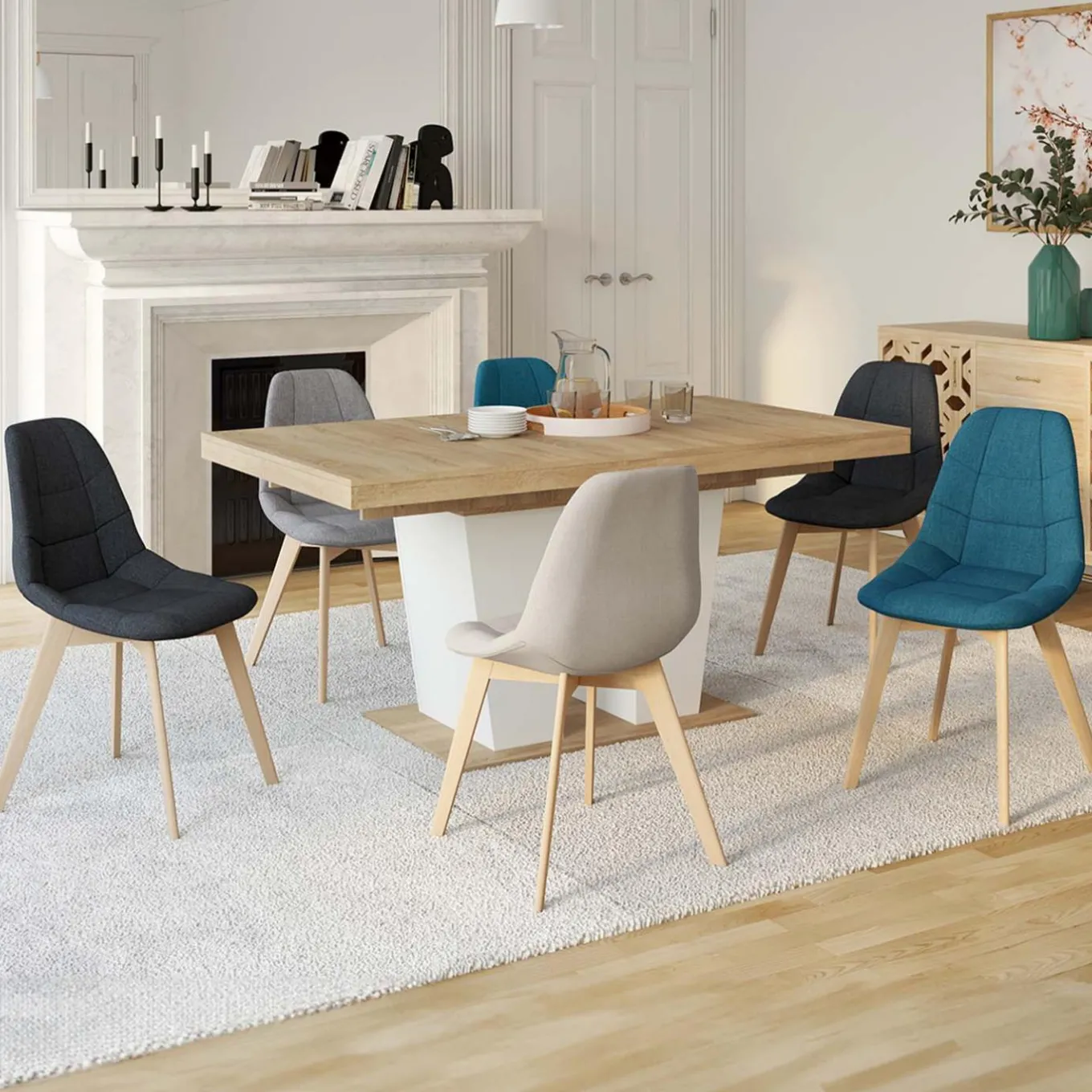 IDMarket Lot de 6 chaises scandinaves en tissu mix color beige, gris clair, bleu canard et gris foncé* Collection Scandinave|Salle À Manger Complète