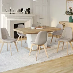 IDMarket Lot de 6 chaises scandinaves en tissu beige pieds en bois* Collection Scandinave|Salle À Manger Complète