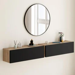 IDMarket Lot de 2 consoles étagères suspendues couleur bois et porte noir* Consoles