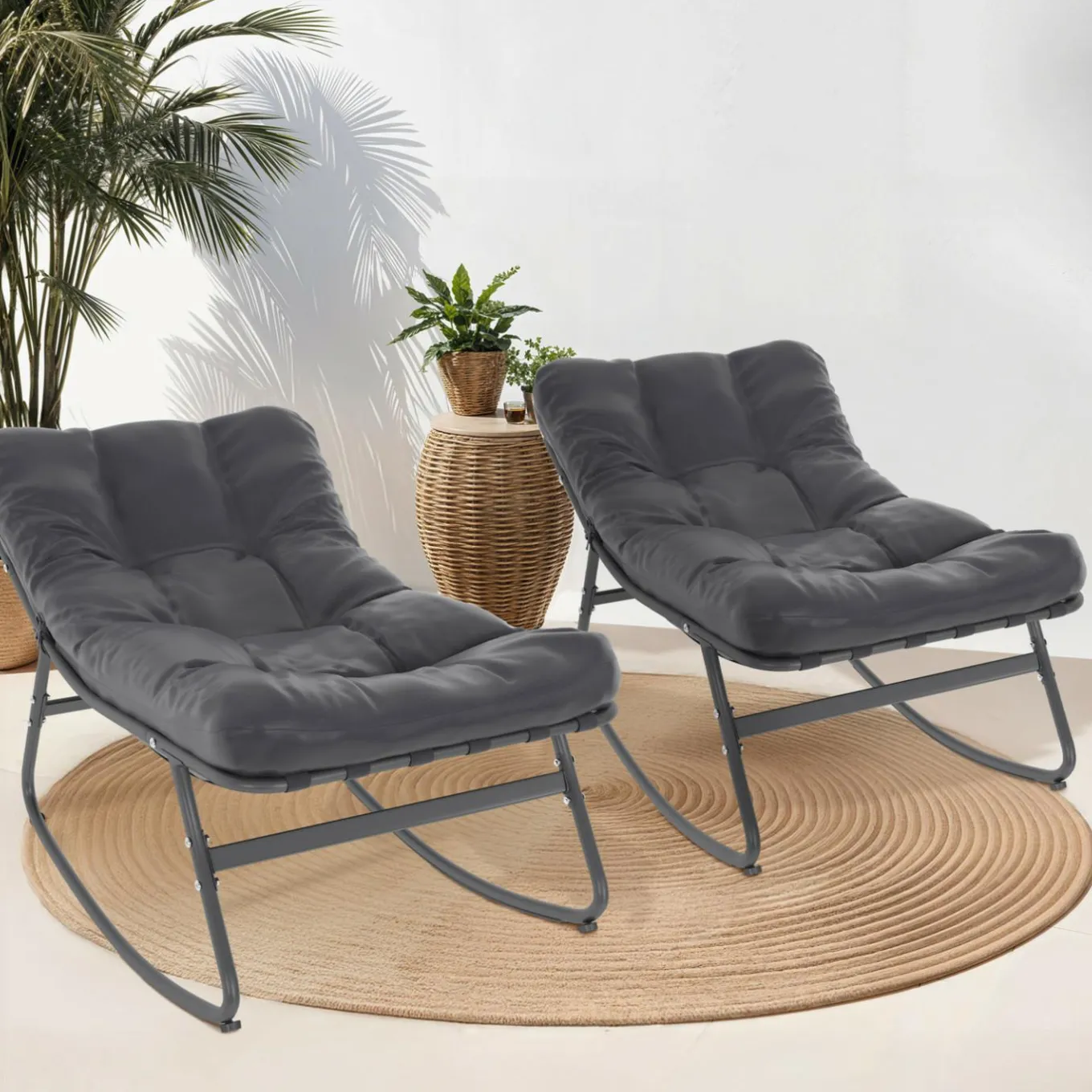 IDMarket Lot de 2 fauteuils de jardin à bascule métal gris anthracite avec coussins* Fauteuils De Jardin|Salons De Jardin