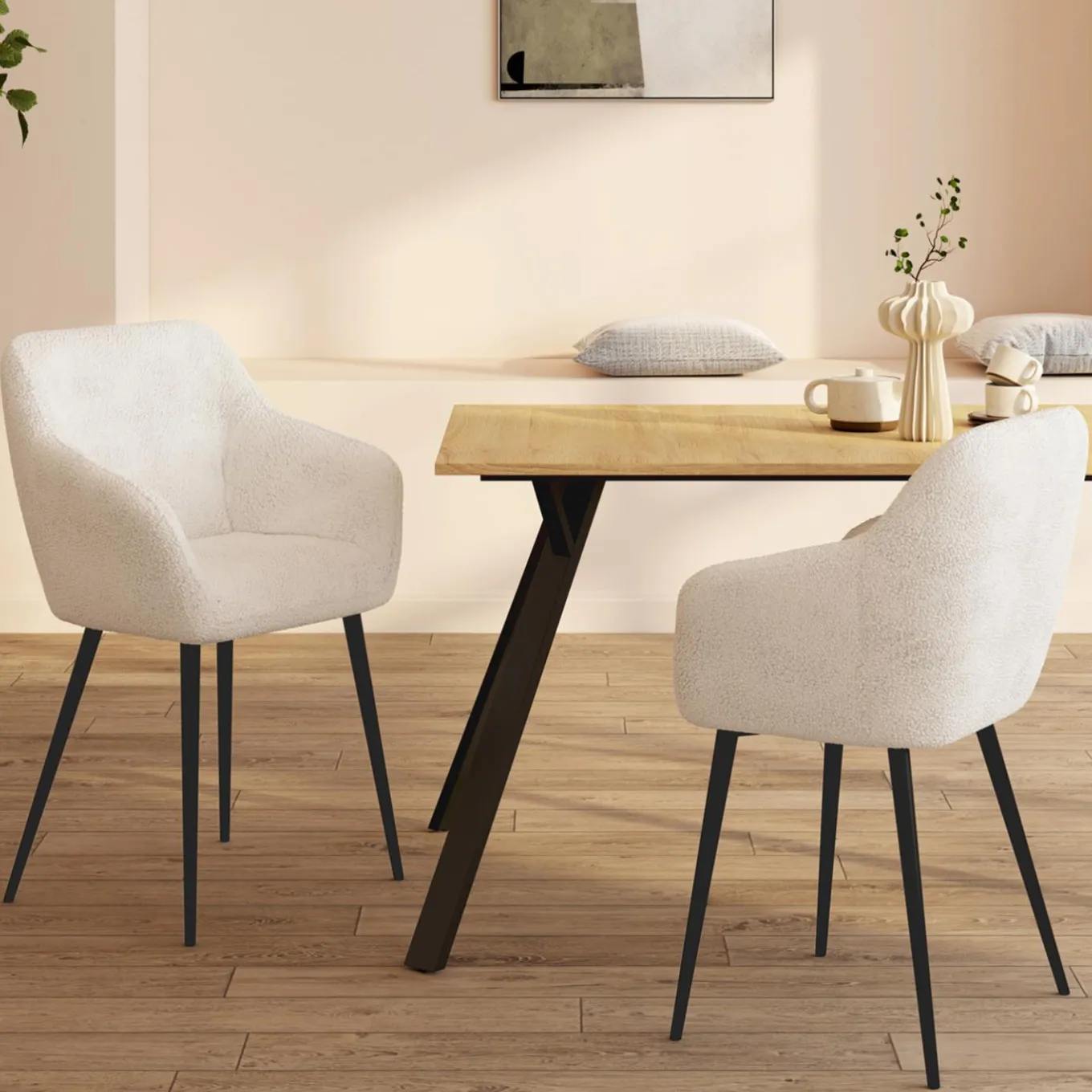 IDMarket Lot de 2 fauteuils de table blancs en tissu bouclette* Collection Design|Tables Et Chaises
