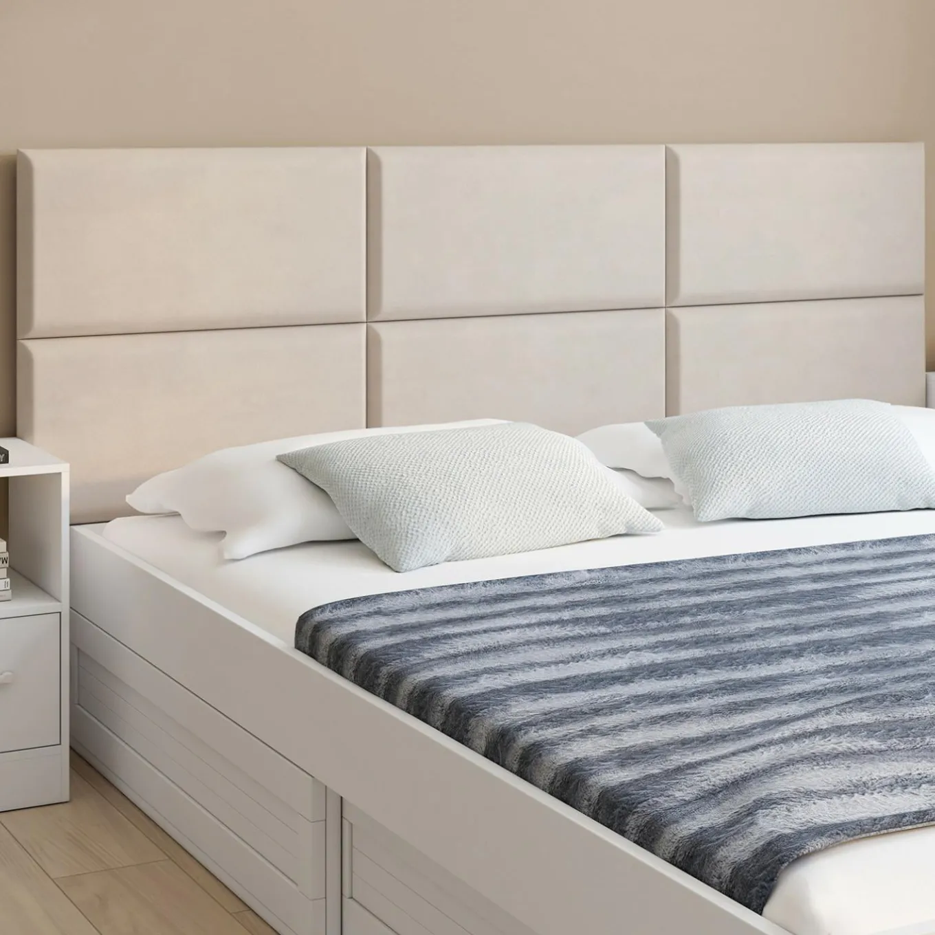 IDMarket Lot de 6 panneaux muraux pour tête de lit 180 cm en tissu effet suédé beige* Collection Moderne|Chambre Complète Adulte