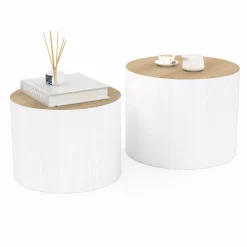 IDMarket Lot de 2 tables basses cylindres gigognes bois et blanc* Tables Basses|Collection Moderne