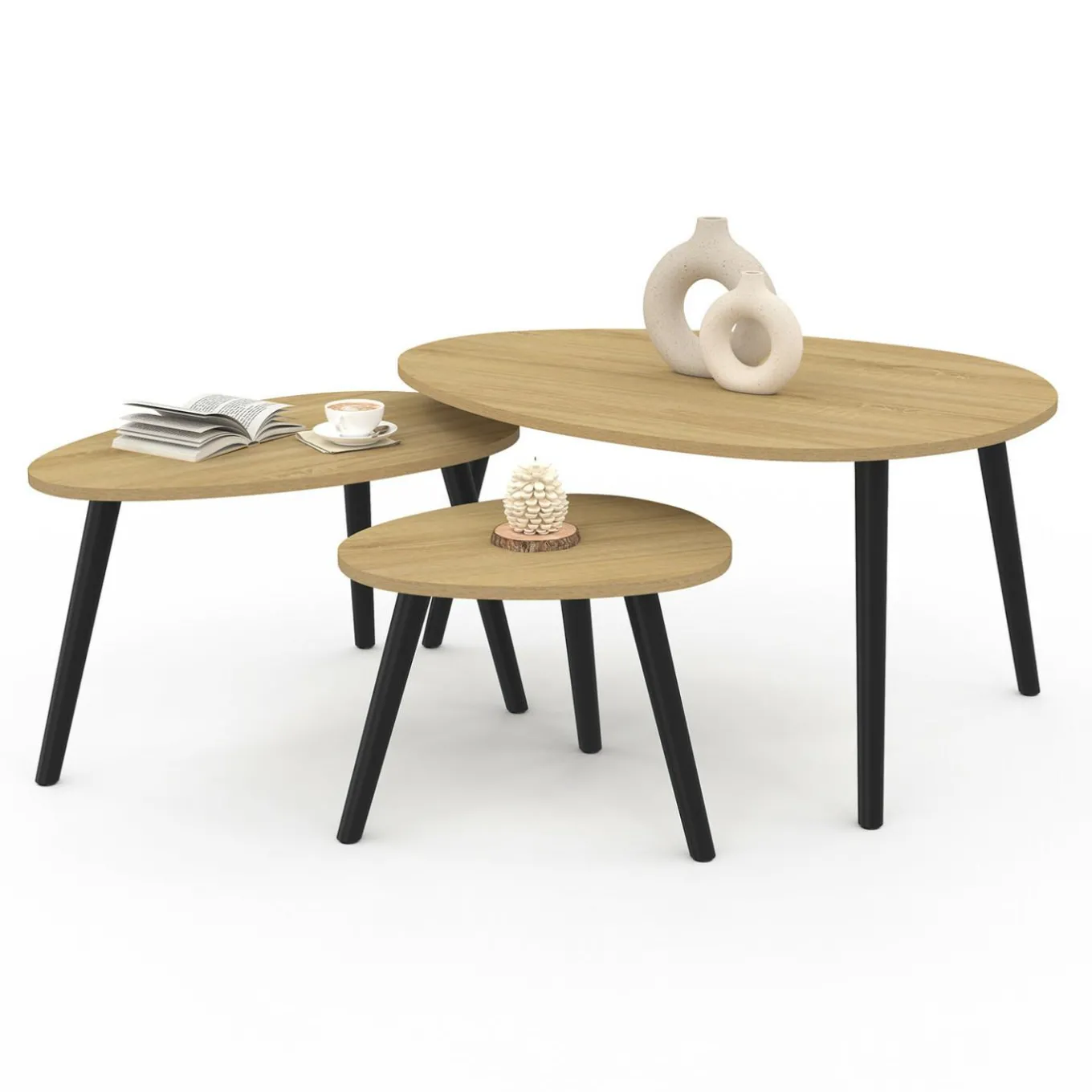 IDMarket Lot de 3 tables basses gigognes bois et pieds noirs scandinave* Tables Basses