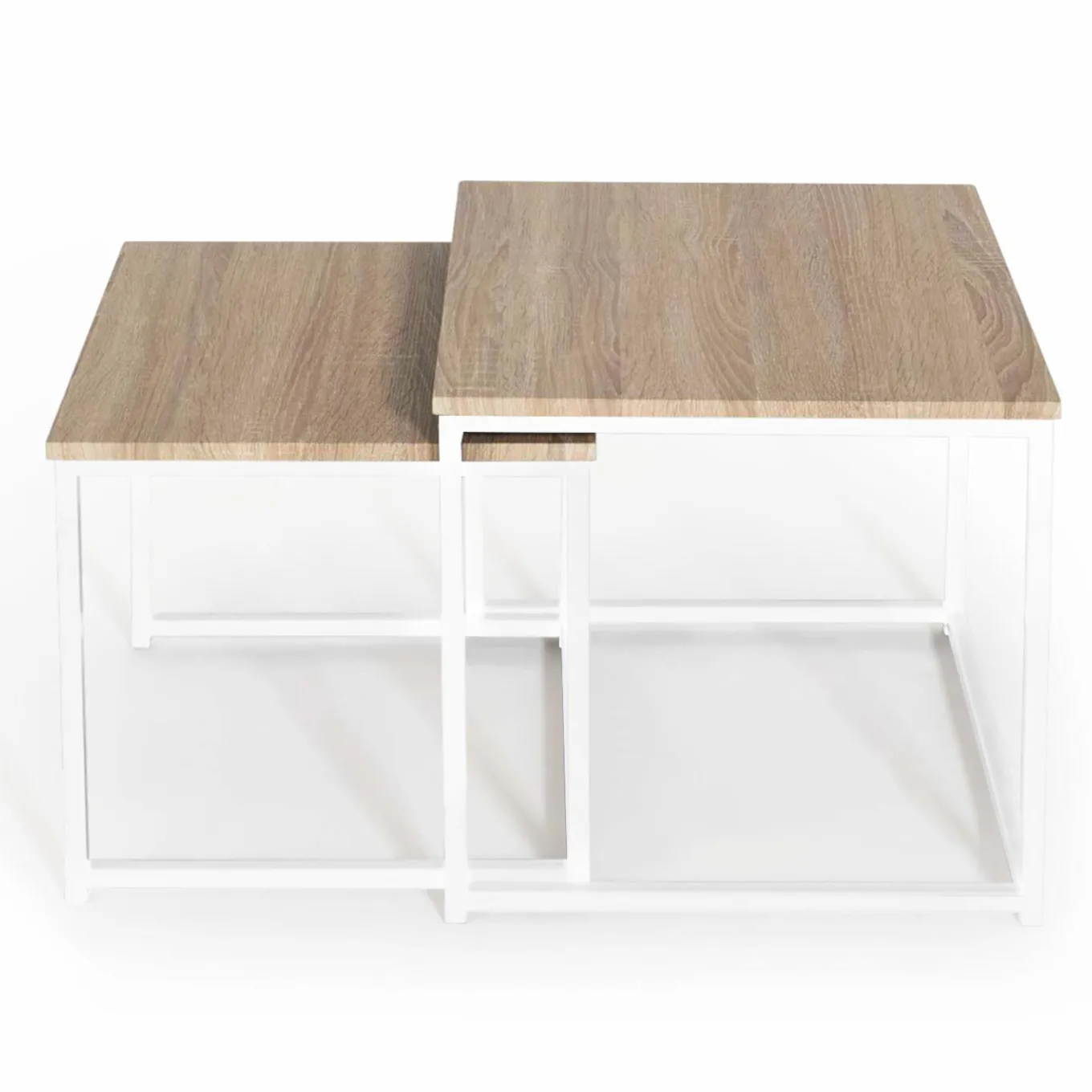 IDMarket Lot de 2 tables basses gigognes bois et métal blanc* Collection Industrielle|Salon Complet