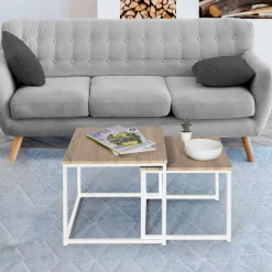 IDMarket Lot de 2 tables basses gigognes bois et métal blanc* Collection Industrielle|Salon Complet