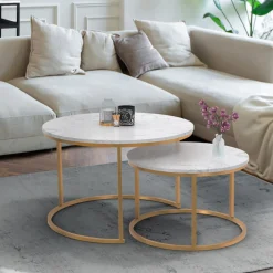 IDMarket Lot de 2 tables basses gigognes rondes effet marbre et doré* Collection Design|Salon Complet