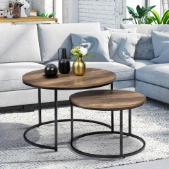 IDMarket Lot de 2 tables basses gigognes rondes bois foncé et métal* Collection Industrielle|Salon Complet