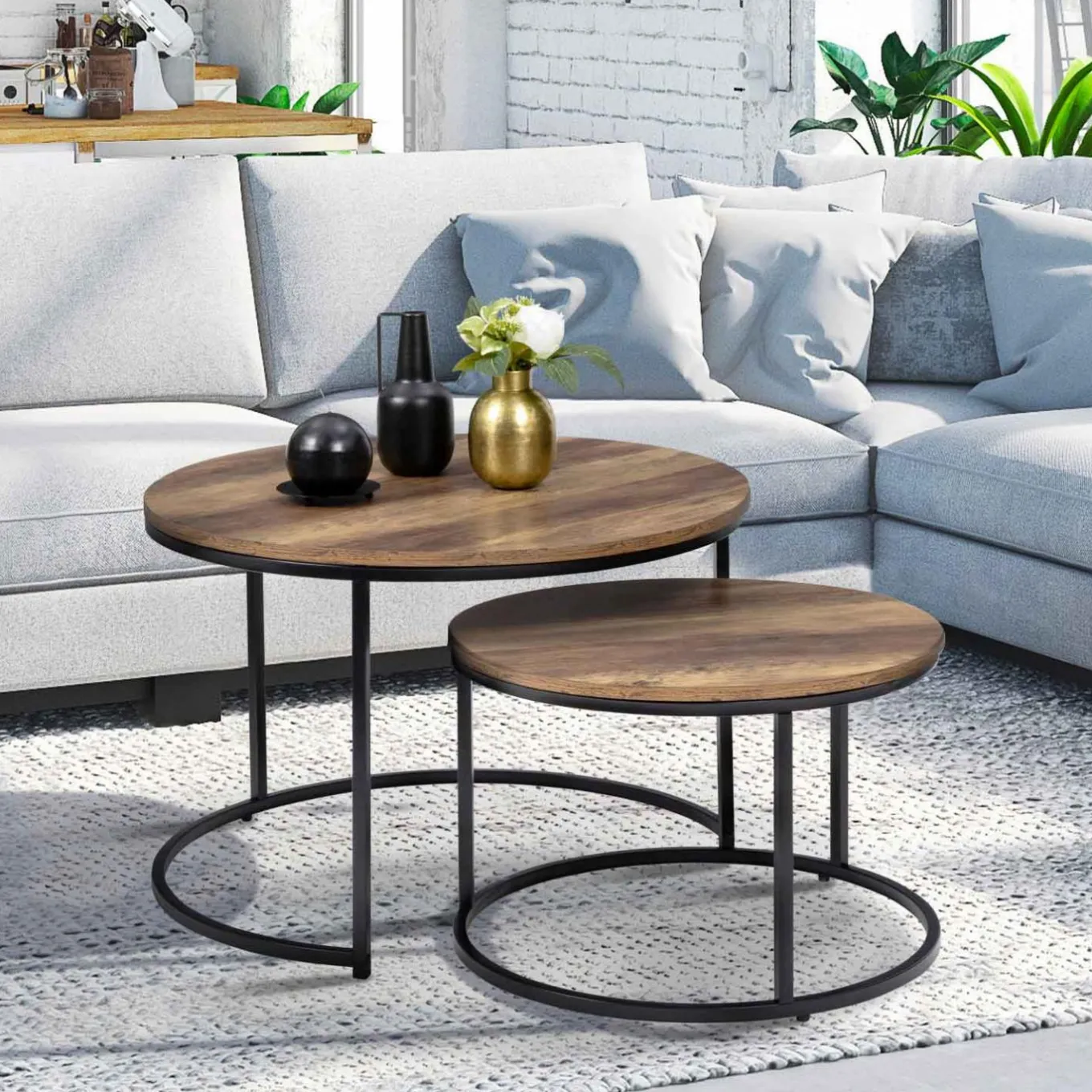 IDMarket Lot de 2 tables basses gigognes rondes bois foncé et métal* Collection Industrielle|Salon Complet