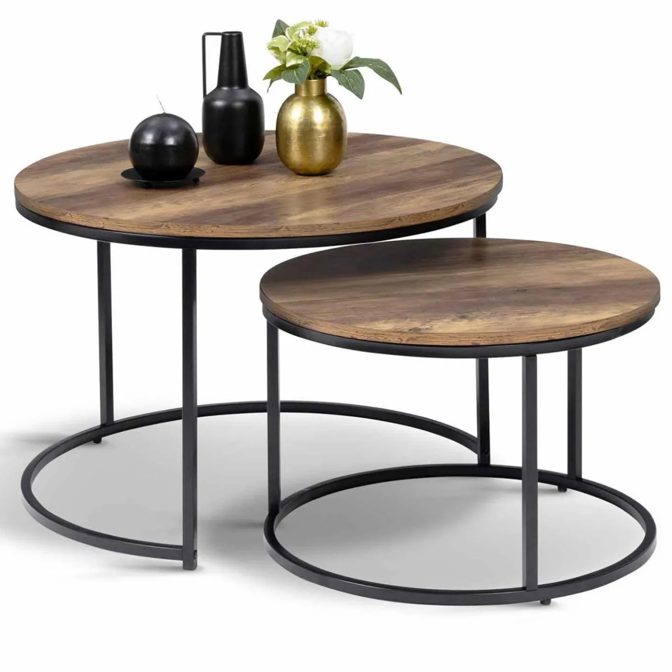 IDMarket Lot de 2 tables basses gigognes rondes bois foncé et métal* Collection Industrielle|Salon Complet