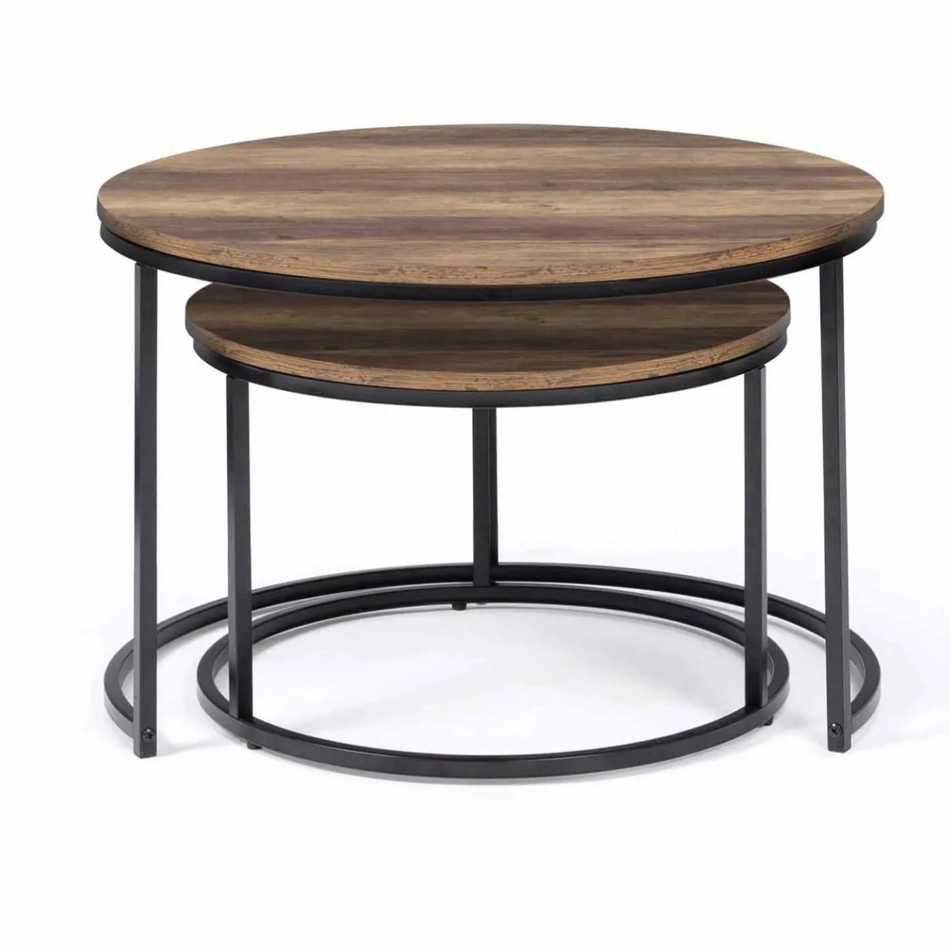 IDMarket Lot de 2 tables basses gigognes rondes bois foncé et métal* Collection Industrielle|Salon Complet