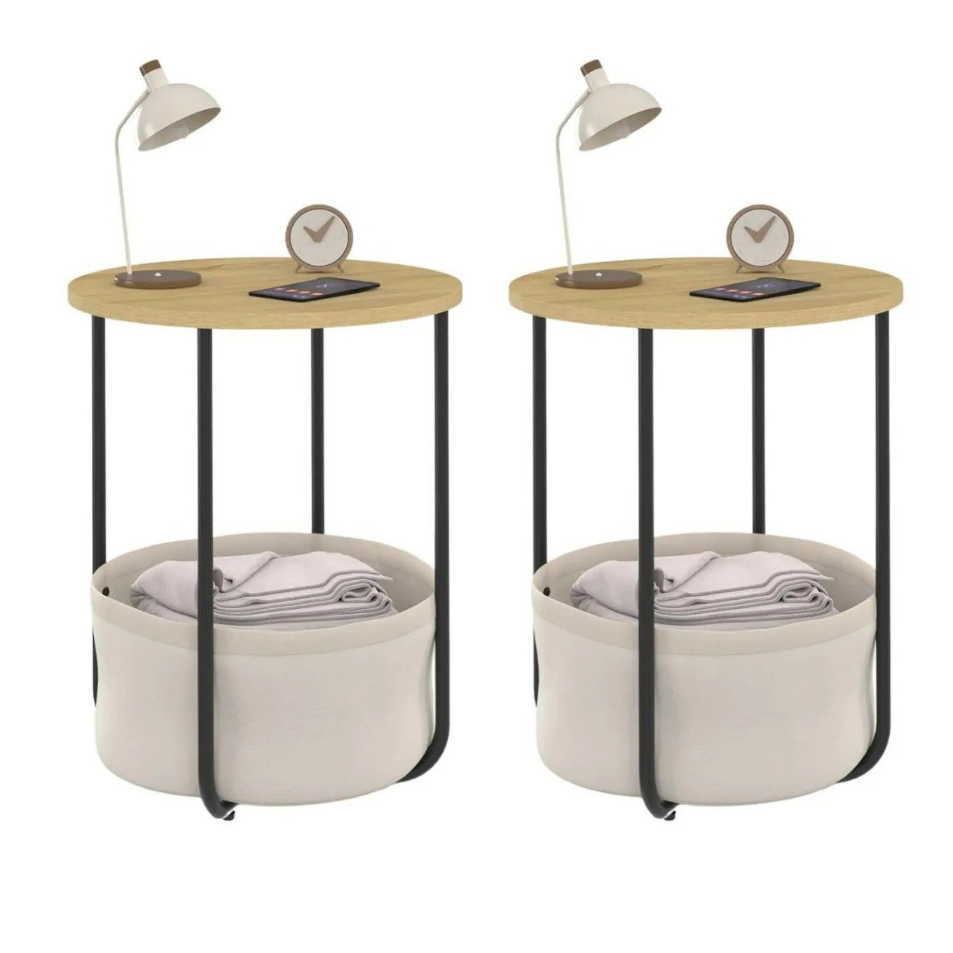 IDMarket Lot de 2 tables de chevet, d'appoint, bout de canapé rondes avec panier en tissu* Meubles En Bois|Chambre Complète Adulte