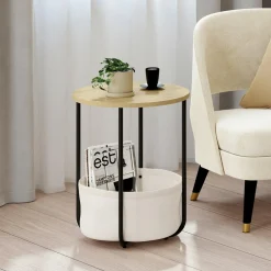 IDMarket Lot de 2 tables de chevet, d'appoint, bout de canapé rondes avec panier en tissu* Meubles En Bois|Chambre Complète Adulte