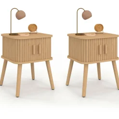 IDMarket Lot de 2 tables de chevet 2 portes coulissantes lattes tasseaux bois coloris chêne* Collection Moderne|Chambre Complète Adulte