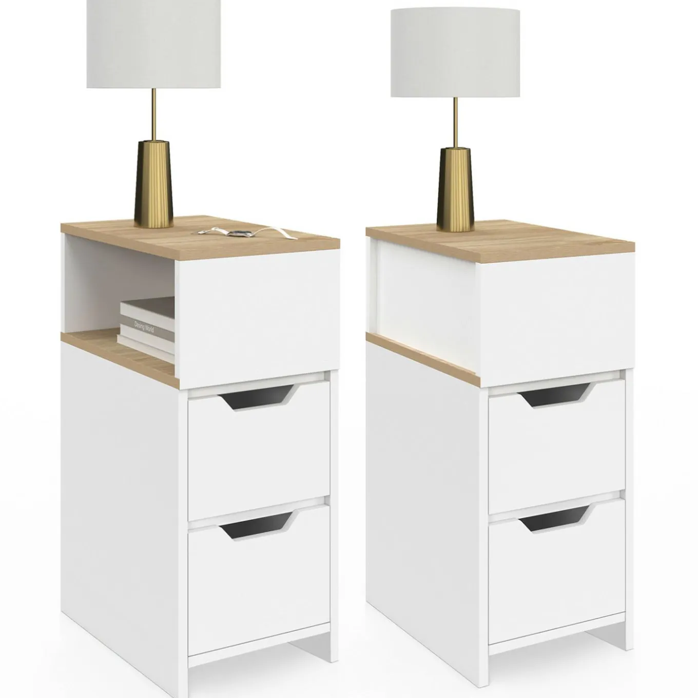 IDMarket Lot de 2 tables de chevet bois et blanc 2 tiroirs avec niche latérale réversible* Collection Contemporaine|Chambre Complète Adulte