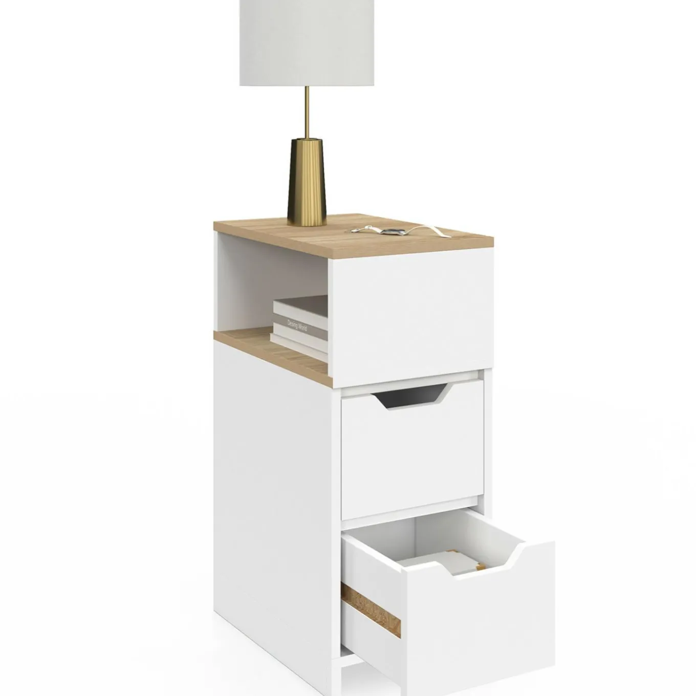 IDMarket Lot de 2 tables de chevet bois et blanc 2 tiroirs avec niche latérale réversible* Collection Contemporaine|Chambre Complète Adulte