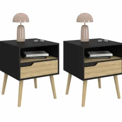 IDMarket Lot de 2 tables de chevet scandinaves avec tiroir bois noir et effet hêtre* Meubles Tiroirs|Meubles Bas