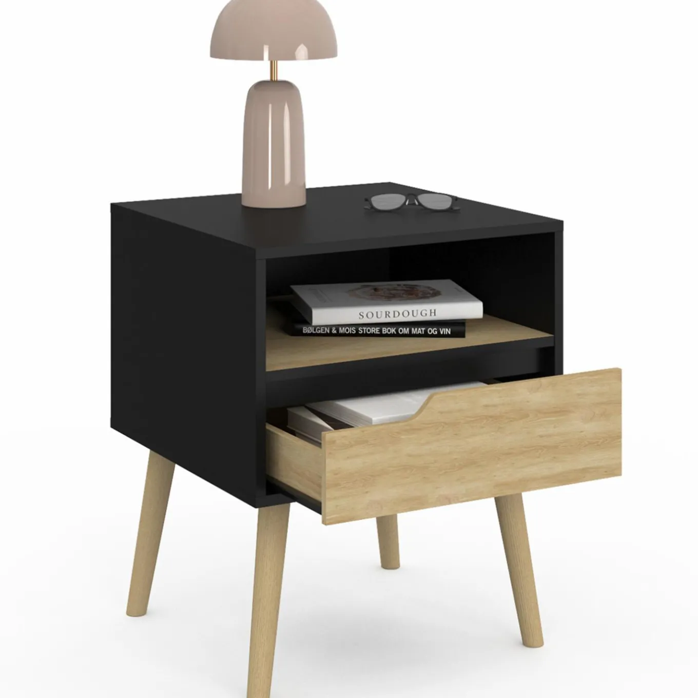 IDMarket Lot de 2 tables de chevet scandinaves avec tiroir bois noir et effet hêtre* Meubles Tiroirs|Meubles Bas