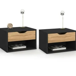 IDMarket Lot de 2 tables de chevet suspendues 1 tiroir avec niche en bois façon hêtre et noir* Collection Design|Collection Moderne