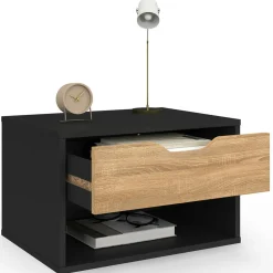 IDMarket Lot de 2 tables de chevet suspendues 1 tiroir avec niche en bois façon hêtre et noir* Collection Design|Collection Moderne