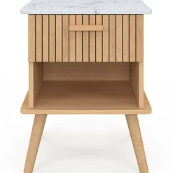 IDMarket Lot de 2 tables de chevet JULIETTE plateau effet marbre 1 tiroir avec niche lattes tasseau bois* Tables De Chevet|Collection Design