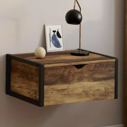 IDMarket Lot de 2 tables de chevet suspendues bois foncé et noir style industriel* Chambre Complète Adulte|Tables De Chevet