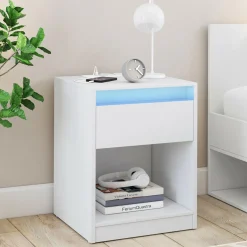 IDMarket Lot de 2 tables de chevet à LED avec station de recharge 1 tiroir et niche* Meubles Bas|Meubles Blancs