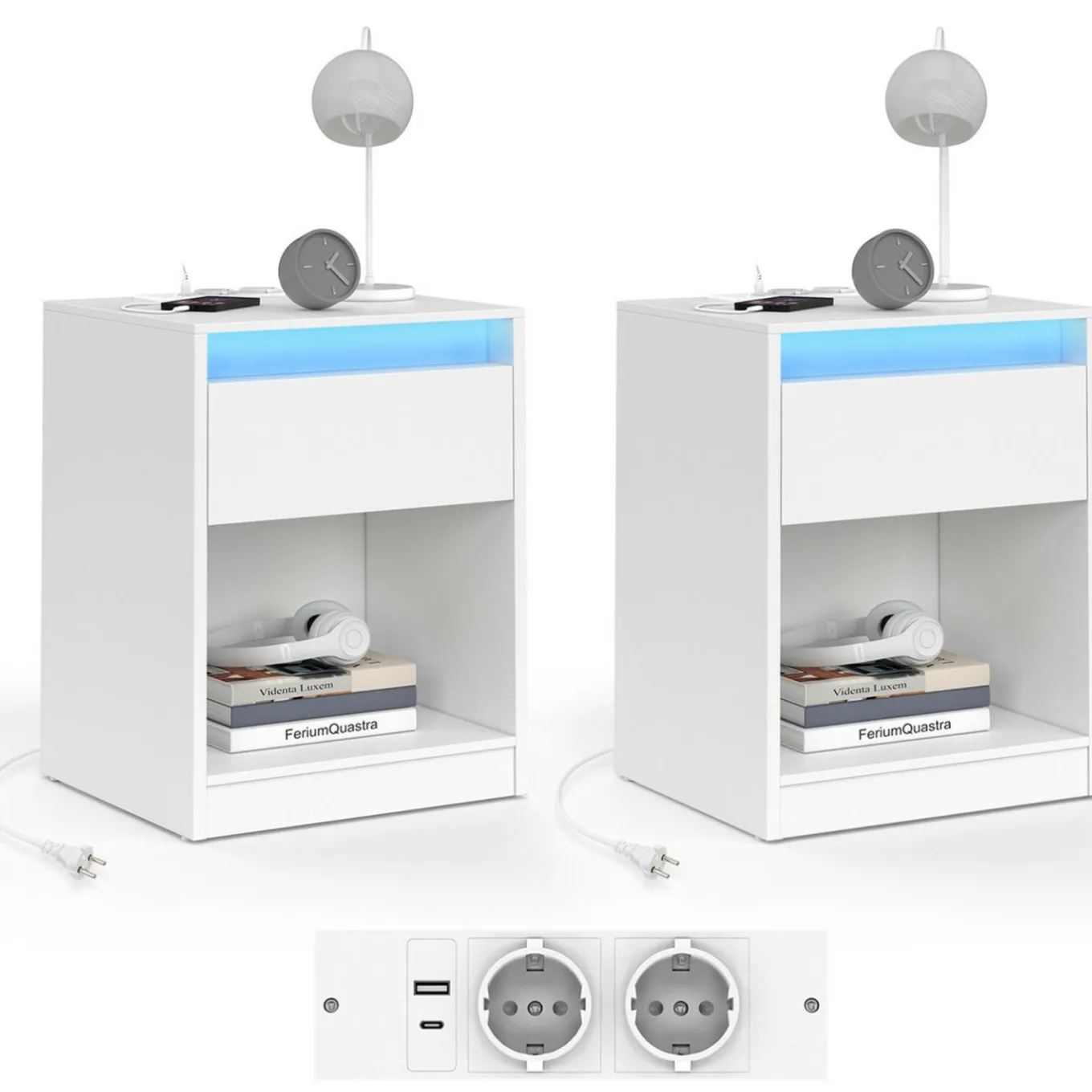 IDMarket Lot de 2 tables de chevet à LED avec station de recharge 1 tiroir et niche* Meubles Bas|Meubles Blancs