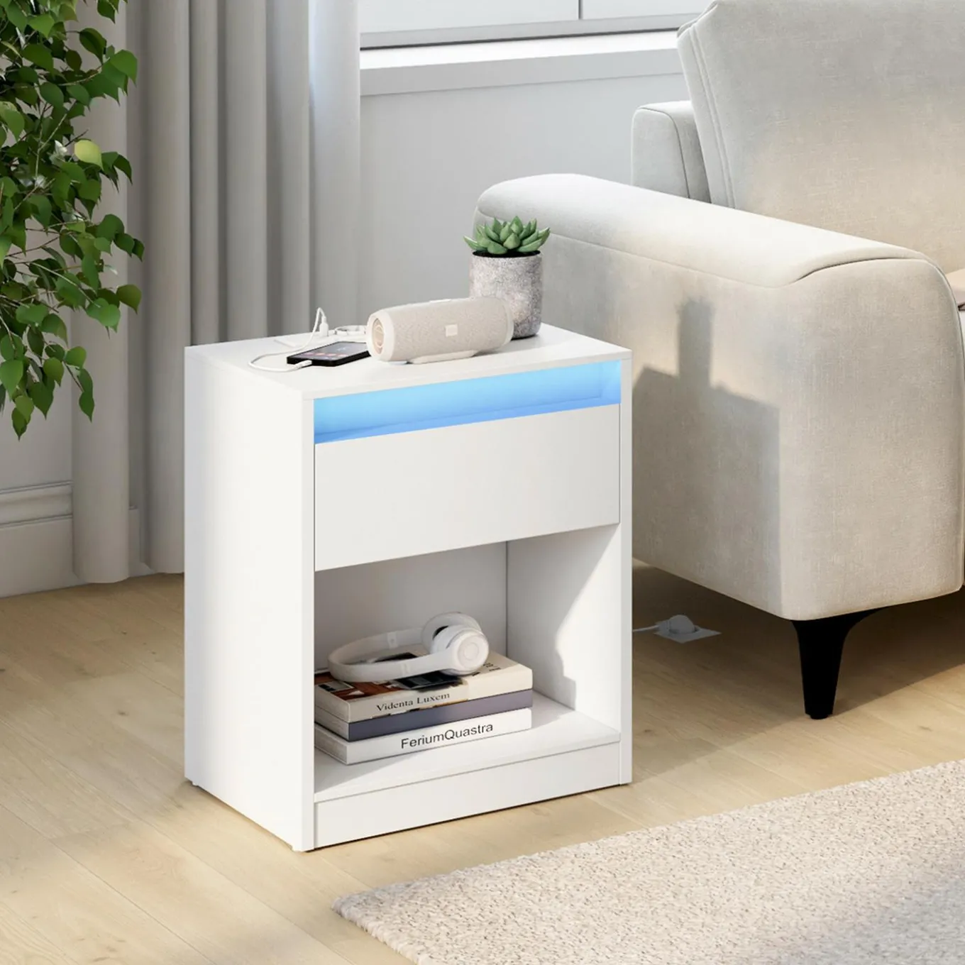 IDMarket Lot de 2 tables de chevet à LED avec station de recharge 1 tiroir et niche* Meubles Bas|Meubles Blancs