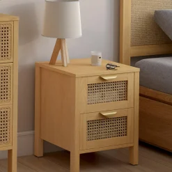 IDMarket Lot de 2 tables de chevet 2 tiroirs cannage et bois* Collection Cannage|Chambre Complète Adulte