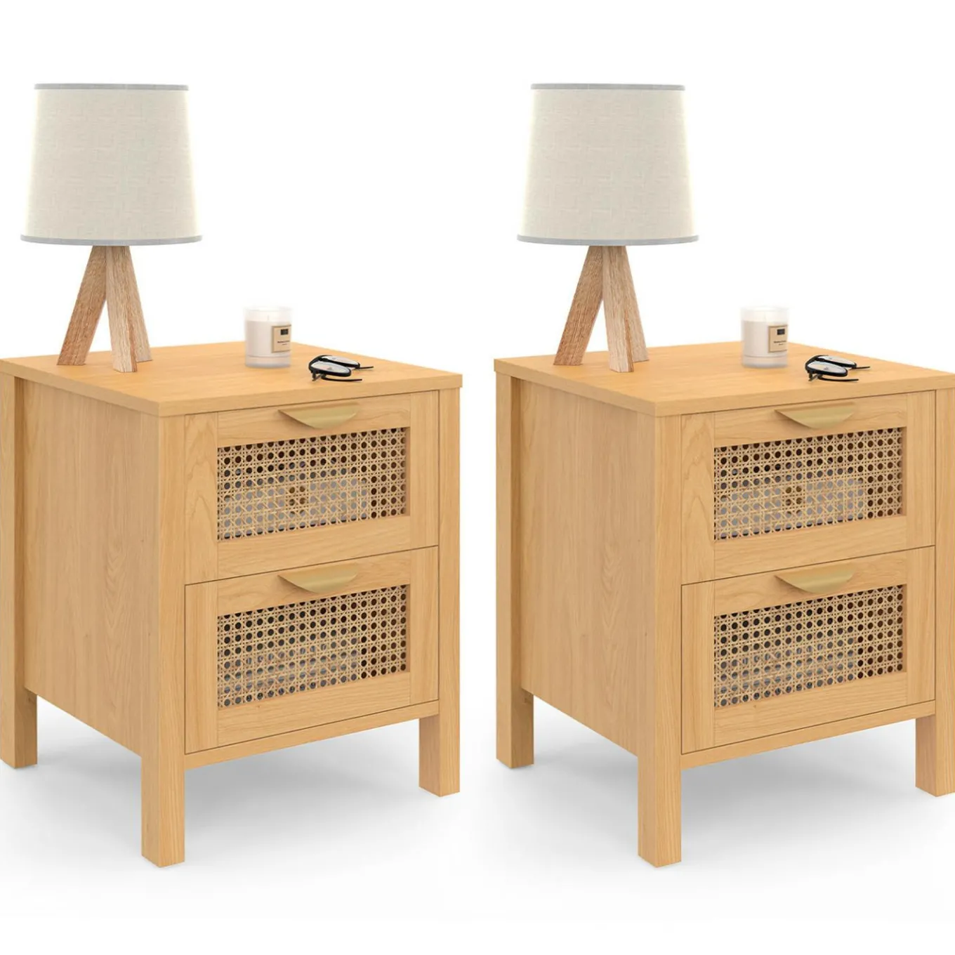 IDMarket Lot de 2 tables de chevet 2 tiroirs cannage et bois* Collection Cannage|Chambre Complète Adulte