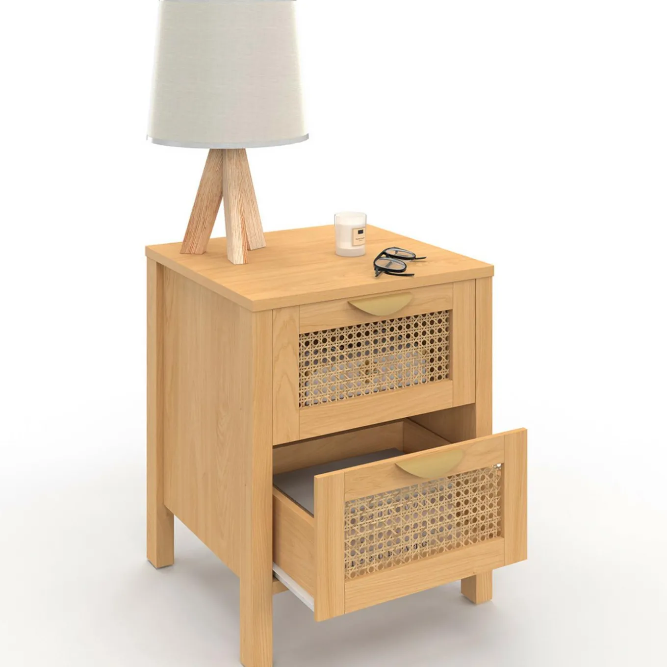 IDMarket Lot de 2 tables de chevet 2 tiroirs cannage et bois* Collection Cannage|Chambre Complète Adulte