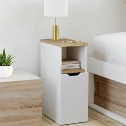 IDMarket Lot de 2 tables de chevet bois et blanc 1 porte avec niche* Tables De Chevet|Chambre Complète Adulte