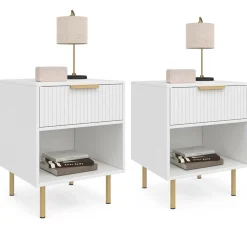 IDMarket Lot de 2 tables de chevet bois blanc avec 1 tiroir lattes tasseau, une niche et pieds doré* Tables De Chevet