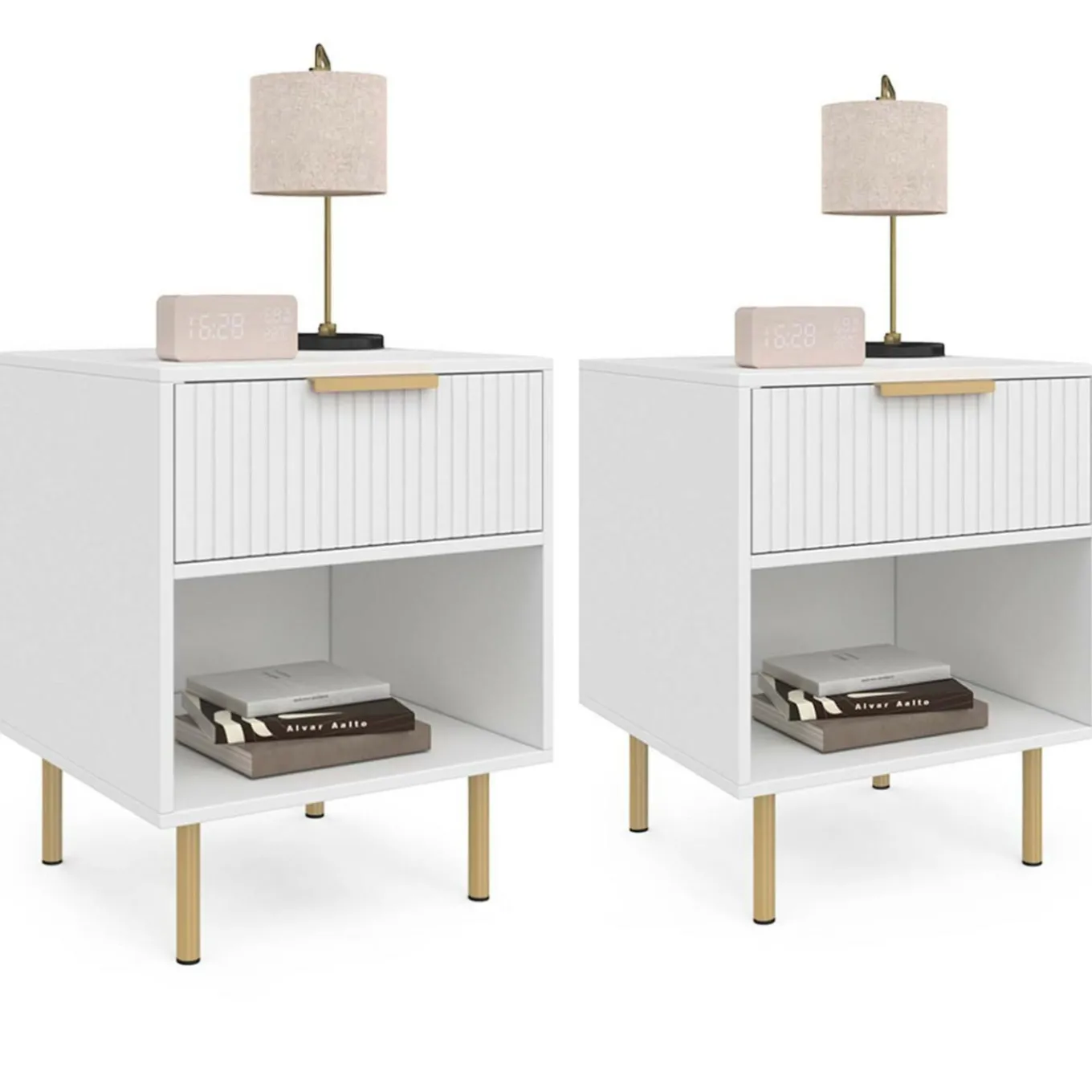 IDMarket Lot de 2 tables de chevet bois blanc avec 1 tiroir lattes tasseau, une niche et pieds doré* Tables De Chevet