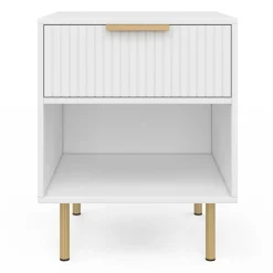 IDMarket Lot de 2 tables de chevet bois blanc avec 1 tiroir lattes tasseau, une niche et pieds doré* Tables De Chevet