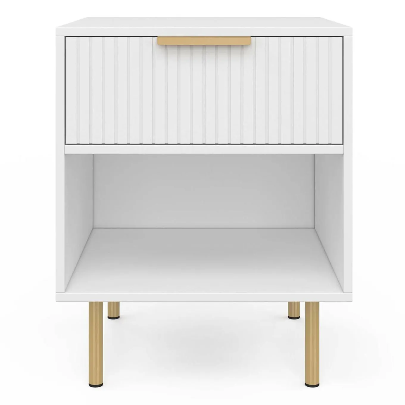 IDMarket Lot de 2 tables de chevet bois blanc avec 1 tiroir lattes tasseau, une niche et pieds doré* Tables De Chevet