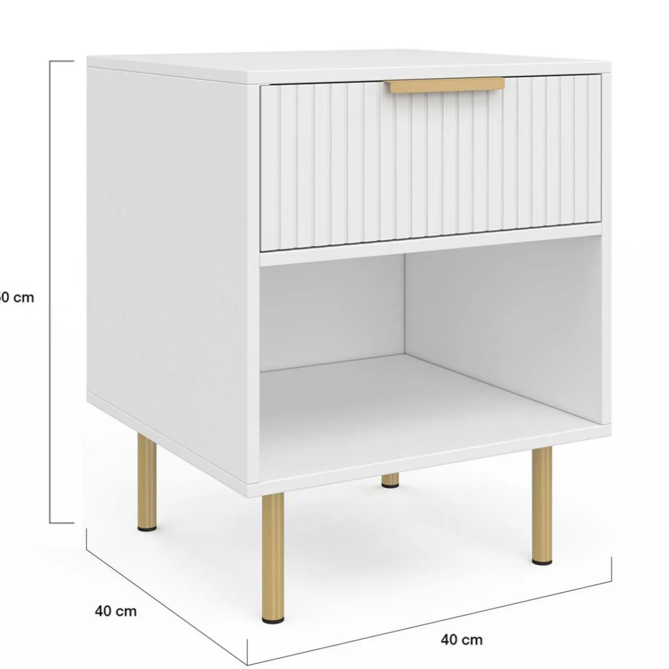 IDMarket Lot de 2 tables de chevet bois blanc avec 1 tiroir lattes tasseau, une niche et pieds doré* Tables De Chevet