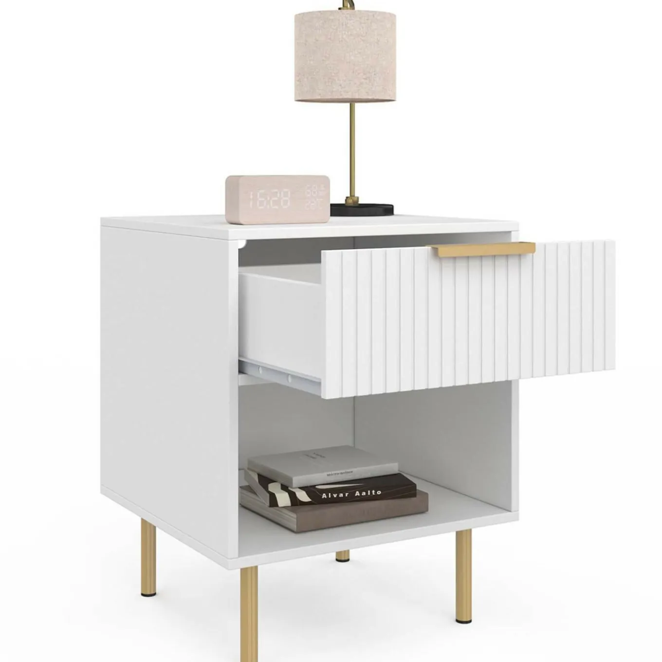 IDMarket Lot de 2 tables de chevet bois blanc avec 1 tiroir lattes tasseau, une niche et pieds doré* Tables De Chevet