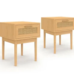 IDMarket lot de 2 tables de chevet en bois cannage effet naturel avec 1 tiroir* Collection Cannage|Chambre Complète Adulte